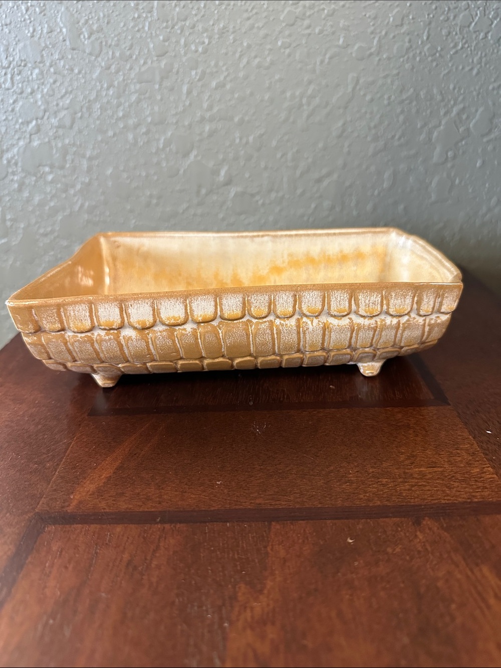 Vintage Frankoma Pottery Autumn Yellow Corn Log Footed Ceramic Planter Dish